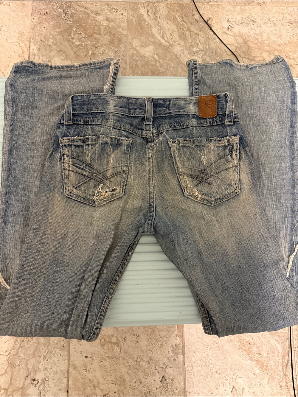 BKE Women's Light Blue Boot Cut Jeans with Distressed Back Pockets